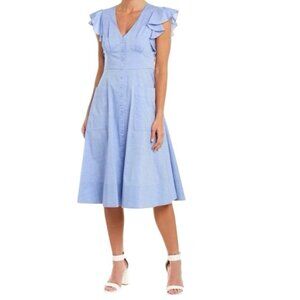 Eliza J Blue Chambray V-NeckFlutter Sleeve Whimsical Preppy Dress Size 8